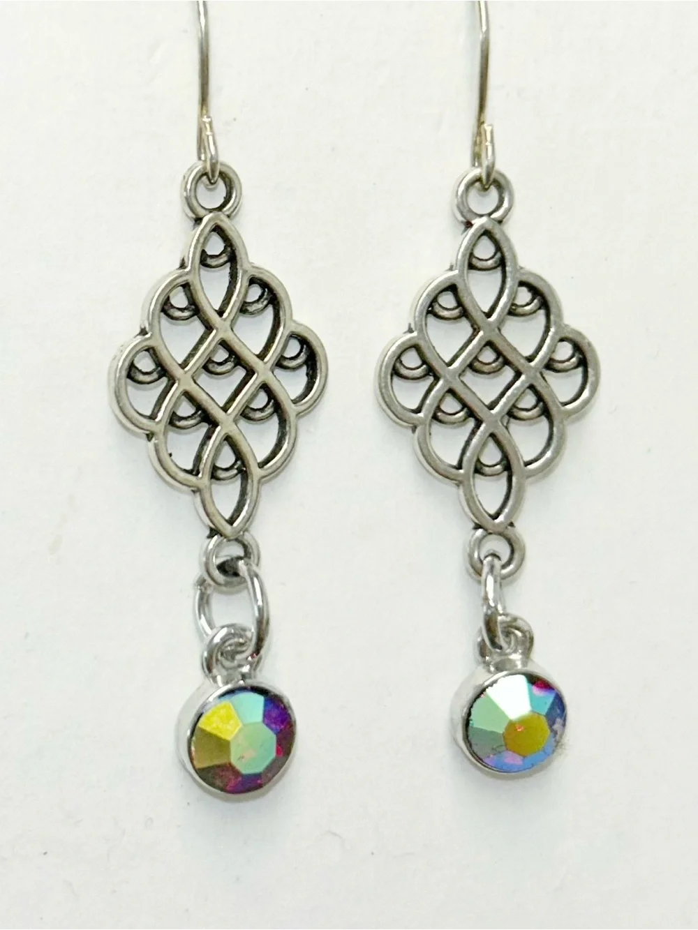 Silver Filigree Drop Earrings with Iridescent Red Crystal